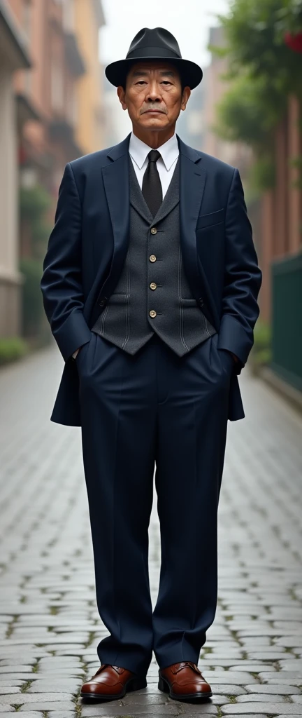 Front view, standing pose on stone street,  front the Republic of China diplomat,  Ho Fengshan,  the Republic of China , standing pose, 1 Chinese man , about 40-age,  (all back hair, black shot hair, serious, black gentleman hat ), (little fat body, white ...