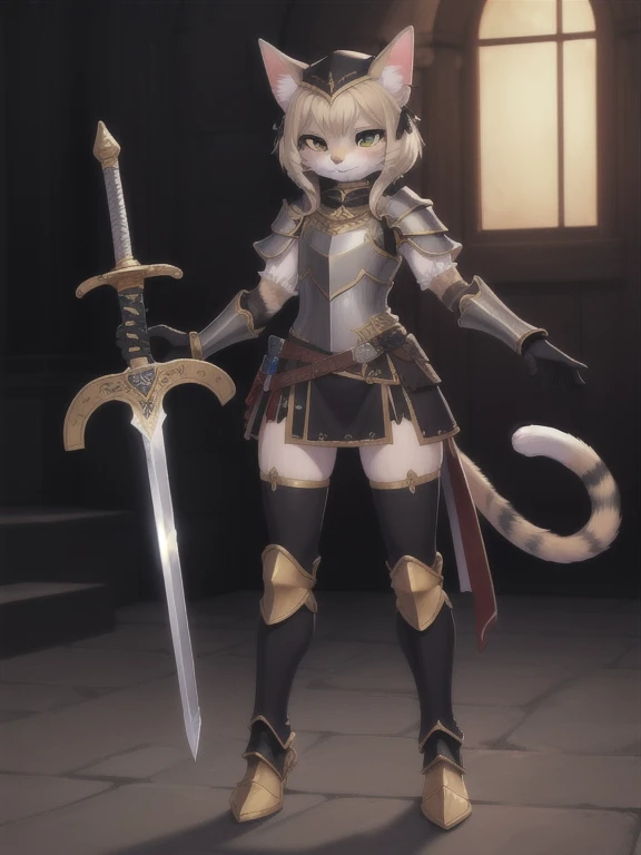 Paladin,masterpiece,Best Quality,masterpiece,cat girl,cat ears,cat tail,Full body iron armor with gold decorations
,holy sword
,There is a cat decoration on the brim of the holy sword