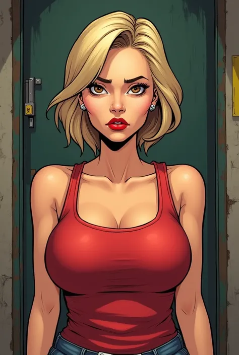 a woman, 40 years old, with short blond hair, hair on shoulders, wearing a red tank top, small breasts and jeans, brown eyes, wife of preacher, toon aesthetic, wearing red lipstick, look like ohare (comics) (preacher) (vertigo), serious face, upper body,