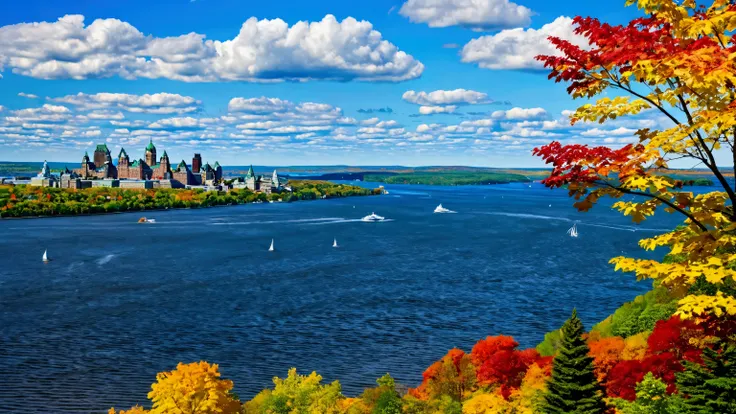 Create an ultra-high-definition realistic photo of the stunning and majestic St. Lawrence River. The river is wide, with crystal-clear, vibrant blue water. In the middle of the river, there are a few small islands. On both riverbanks, endless forests of re...