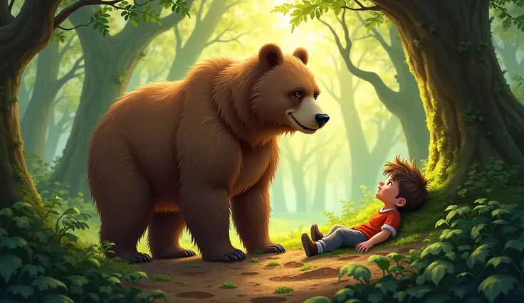 A bear come to a boy and he lay down in soil in a forest