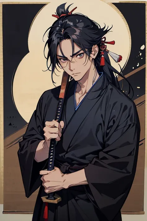 One Japanese man,Stubble,dark-skinned face,Glaring sharply at the camera,Murderous intent,Tie up dirty long hair at the top of the head,Dirty indigo kimono,Black Hakama,A short Japanese sword in his left hand,Holding a long Japanese sword in his right hand...