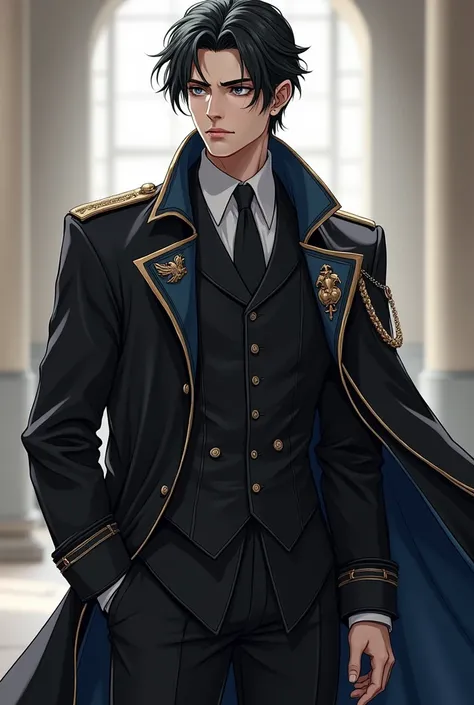 Leander is a tall man, about 1.85m tall, with light black hair and impeccable style, always dressed in a modern and reinforced military suit, symbolizing both his strategic intelligence and his strength. He has an imposing and confident posture, his eyes c...