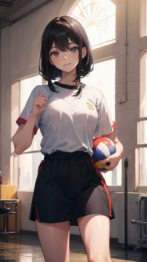 Tall、A black-haired high school girl with excellent athletic ability, Wearing a gym uniform, Holding a volleyball, Stand with Confidence, Cheerful and smiling, In a large school gym, Surrounded by classmates, Bright sunlight streaming through the window, H...