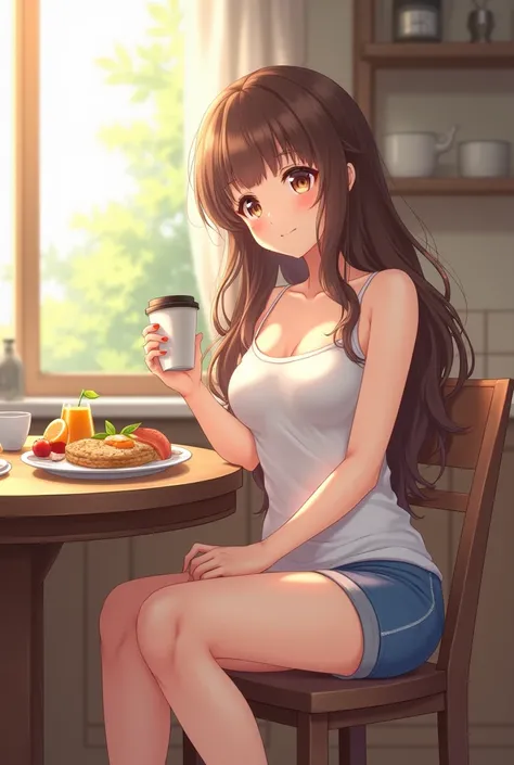 Young anime woman sitting on a chair near the table in kitchen, with long brunette hair and brown eyes, wearing white tank top with neckline and thin straps, wearing blue jersey shorts, looking with smile, holding a coffee cup in one hand, breakfast on the...