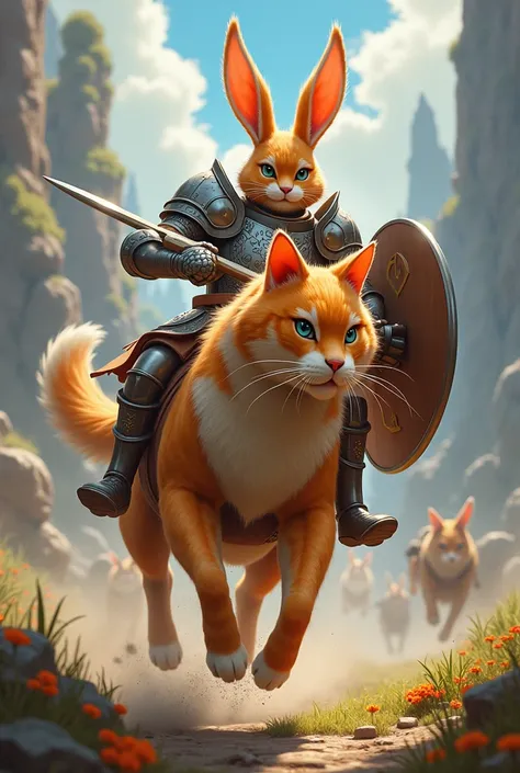 a bunny paladin (humanoid, very large ears, big bright eyes, plate mail armor, holy symbols) he is carrying a shield and lance while riding atop his orange cat steed, jousting. fantasy