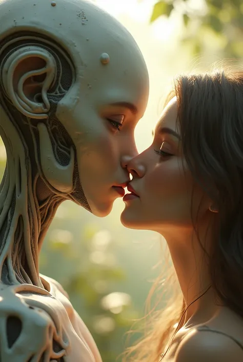 Humanoid in love with a human and wants to kiss her on her sweet lips 