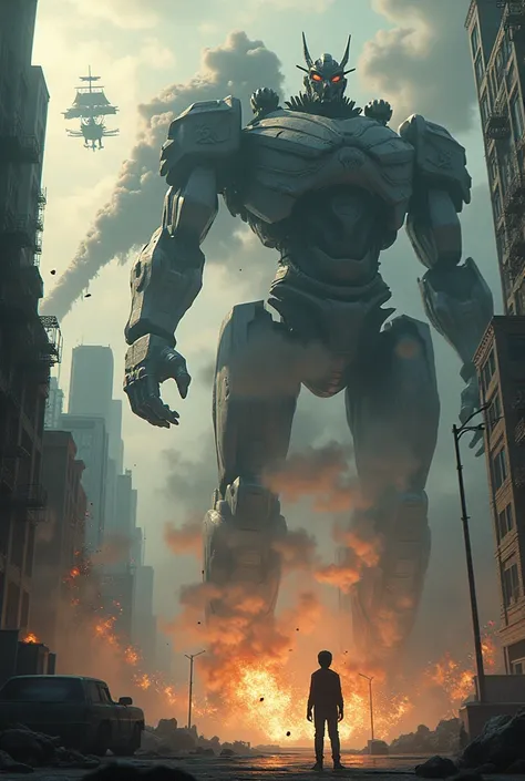 A dramatic movie-poster-style image featuring a massive humanoid robot and a terrifying mechanical dragon that tower over the buildings in a city. The humanoid robot stands on the right, smashing through buildings with its massive fists, while the mechanic...