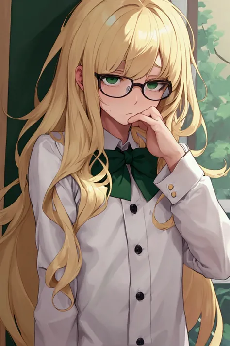 a boy, blonde hair, thin, delicate features, beautiful, shy , green eyes, messy hair, thick rimmed glasses, shy, fofo, with school uniform clothes. very detailed, high definition. work of art, perfeiçao.