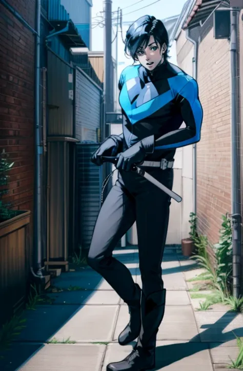 back alley, nightwing costume, handsome and cool beautiful boy, tall, sexy body, pained face, cum on face, beautiful skin, 20s, ...