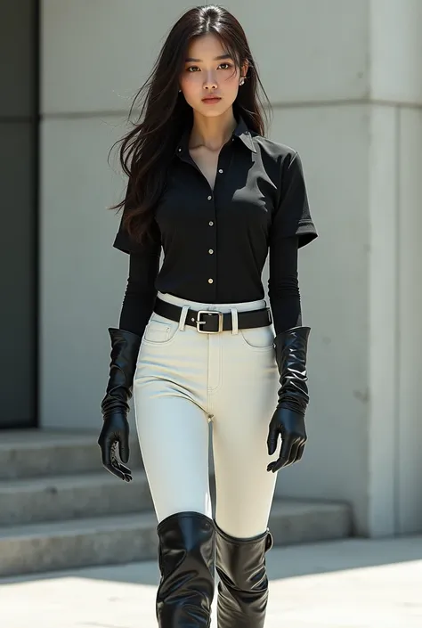 Korean girl in black leather knee-high boots, White pants, Tight shirt, Long gloves, belt