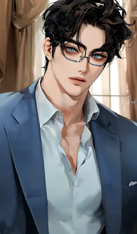 2 guy, handsome, mature, black hair, blue eyes, cool, very tall, casual, use glasses, rich, perfect face, detailed face, aesthetic, athletic body, sexy