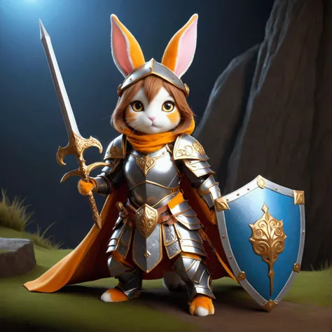 a bunny paladin (humanoid, cute yuna, very large ears, big bright eyes, plate mail armor, holy symbols) she is carrying a shield and lance while riding atop her orange cat steed, jousting. fantasy
