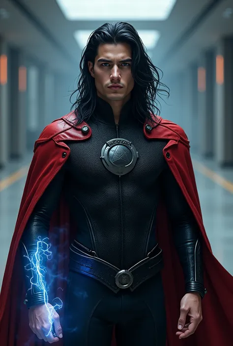 Full body photorealistic handsome hunky young Wiccan,  slender futuristic male hero with black hair wearing a black glittered micro scale textured costume and, red leather cape, with embossed " oval " on the chest,,and wristbands that  manipulate energy , ...