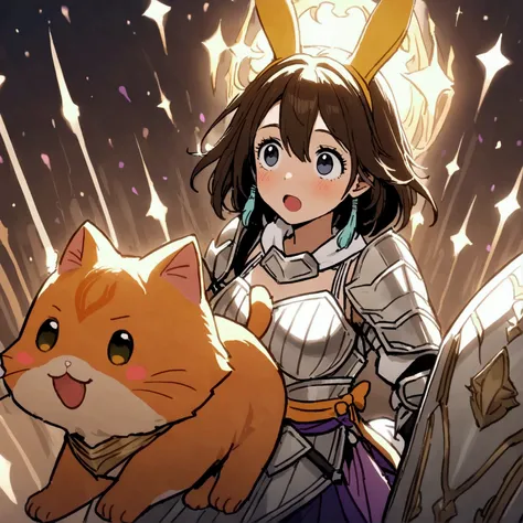 a bunny paladin (humanoid, cute yuna, very large ears, big bright eyes, plate mail armor, holy symbols) she is carrying a shield and lance while riding atop her orange cat steed, jousting. fantasy
