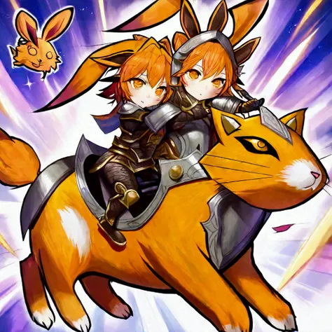 a bunny paladin (humanoid, cute yuna, very large ears, big bright eyes, plate mail armor, holy symbols) she is carrying a shield and lance while riding atop her orange cat steed, jousting. fantasy
