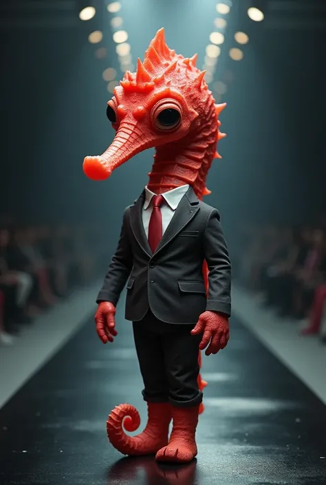 baby Red sea horse with funny giant head wearing muscular business suit in realistic full body fashion show