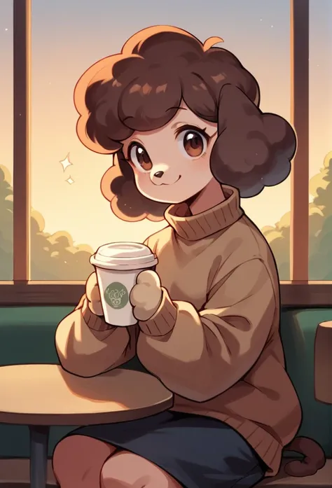 Cute black long straight hair brown eyes round face girl wearing brown sweater sitting in café drinking coffee, sunset, toothy smile without bangs, holding a poodle puppy in her arms