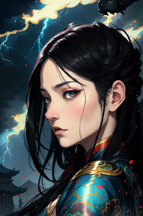 (eyes: 1.1), black eyes, profile, oriental beauty, (masterpiece), best quality, anime, merge, colorful, vibrant colorsillustration, art style, Fantasy, realistic, Animation, (Photo_(average):1.0 ), by Antonio J. Manzanedo, por Jeremy Lipking, lightning str...