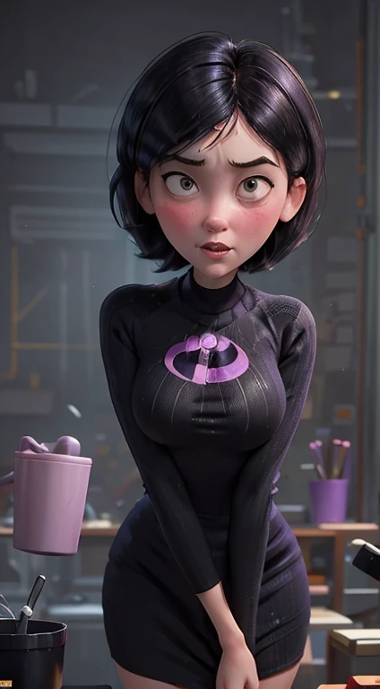 violet parr is very hot. busty. cutout. production, cum on cloth, wet stains on dress, black knitted sweater, v arms. squeezed b...