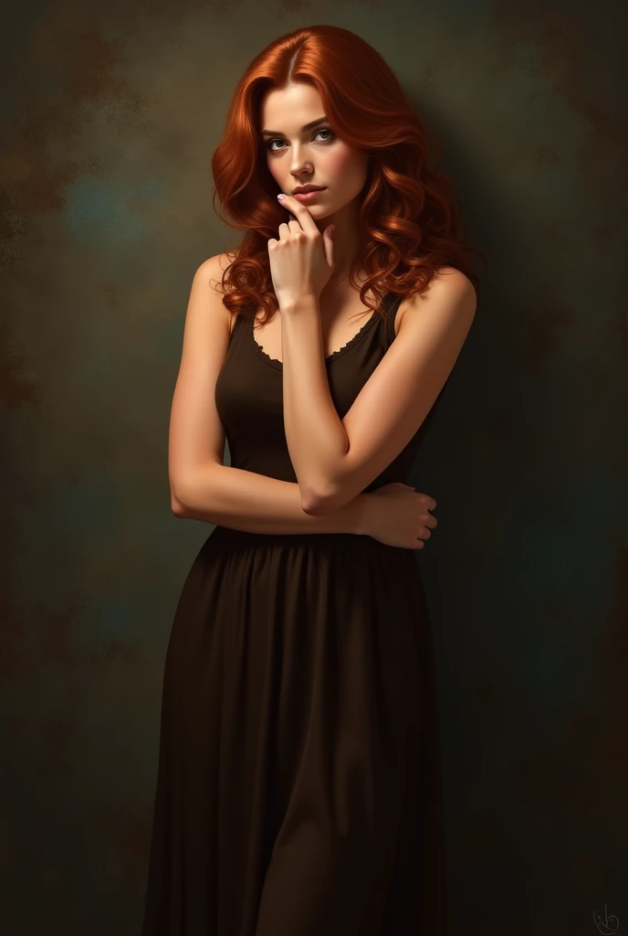 Award Winning, High Resolution, Masterpiece, Super Detailed, of a woman standing against a dark, textured background with a mix of earthy tones. She has long, wavy auburn hair that falls over her shoulders. She is wearing a sleeveless, dark brown dress tha...