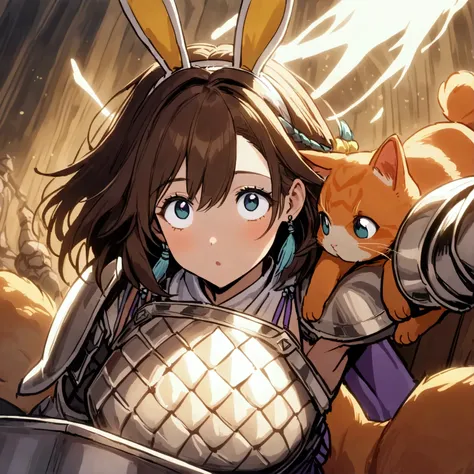 a bunny paladin (humanoid, cute yuna, very large ears, big bright eyes, plate mail armor, holy symbols) she is carrying a shield and lance while riding atop her orange cat steed, jousting. fantasy
