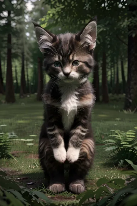 Create a 3D render of Mavi, the small fluffy kitten, looking sad and confused in a dark forest. The kittens yellow and gray fur contrasts against the deep greens of the surrounding trees. The background should be a mystical forest scene, dense with shadows...