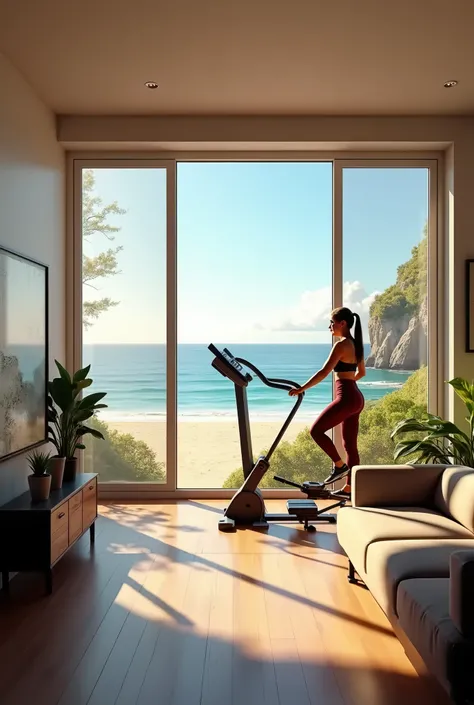 create an image inside a gym in a house with a view of the beach