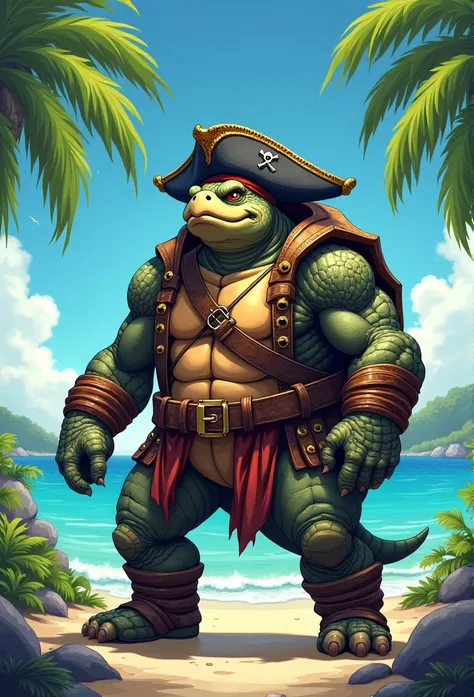 humanoid pirate turtle in a island, anime style