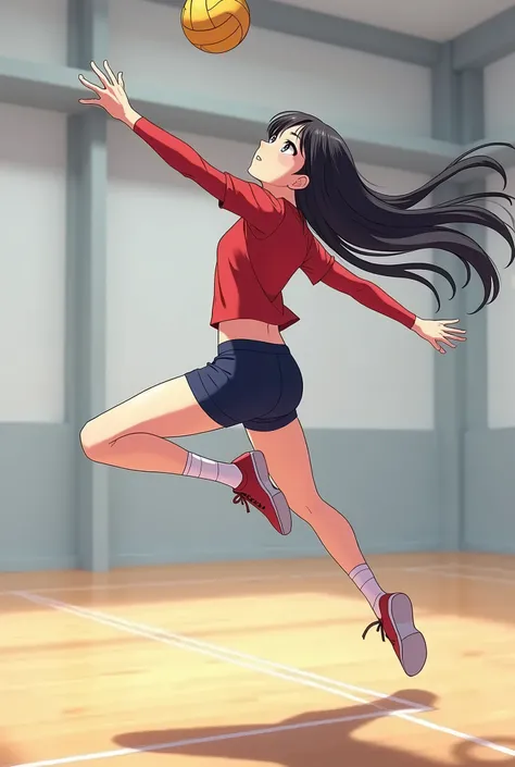 A beautiful Japanese girl playing volleyball in anime style studio mappa.