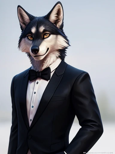 (by pixelsketcher:0.6), (by personalami :0.6), solo,male,  wolf ,detailed background, (cinematic lighting:1.1), (perfect focus:1.1), 8k hd, photo, (detailed eyes:1.2),depth of field, bokeh, subsurface scattering, wide ,(suit, tuxedo, elegant suit),full bod...