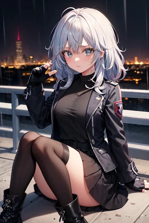 girl, (my hero academy), white hair, eyes with black bandages, black jacket, black fingerless gloves, short black skirt, black b...