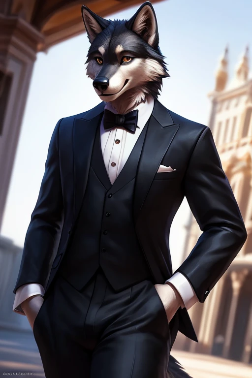 (by pixelsketcher:0.6), (by personalami :0.6), solo,male,  wolf ,detailed background, (cinematic lighting:1.1), (perfect focus:1.1), 8k hd, photo, (detailed eyes:1.2),depth of field, bokeh, subsurface scattering, wide ,(suit, tuxedo, elegant suit),upper to...