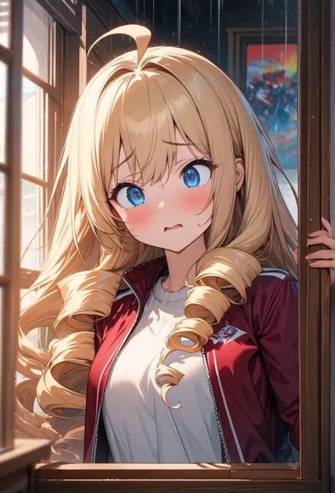 woman, Long Hair, Ahoge, blonde, Drill Hair, blue eyes, Slanted Eyes, Despair face, Maroon zippered sportswear, Heavy rain outside the window, Standing by the window, Aristocratic Room、Panic pose, Upper Body、A room full of Japanese anime posters, Speedy Sh...