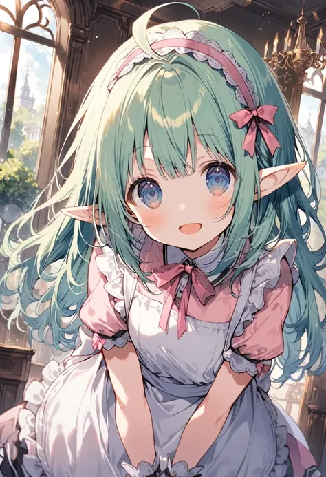 1 cute girl,
(light green hair, lob hair, straight hair, ahoge),
(Elf ear),
(dark turquoise eyes, tareme),
smile,
open mouth,

looking at viewer,

(white Maid headband),
(light pink Sailor Suit Maid),
(pink ribbon),
(white apron),

cowboy shot, solo,

morn...