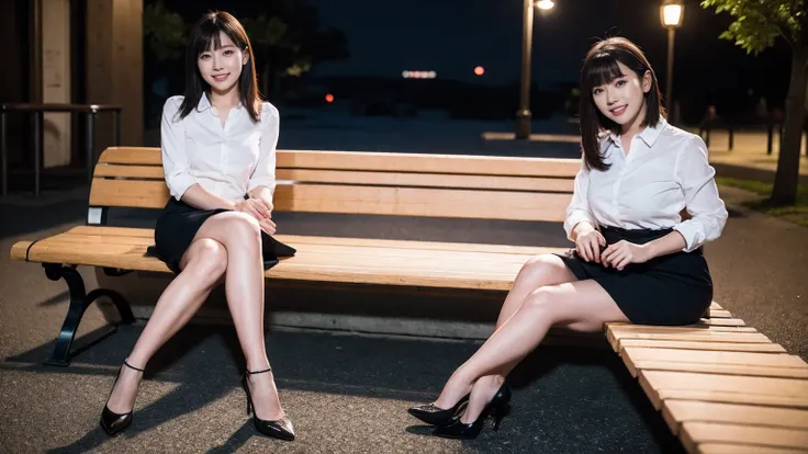 Best Quality, masterpiece, Realistic, High resolution, [8K RAW Photos,Alone, 1 person, Medium length hair、Sitting on a bench、Slim figure、face away、Grin,High heels、skirt、((Midnight:1.5))、Shooting with flash、Company uniform,multiple views