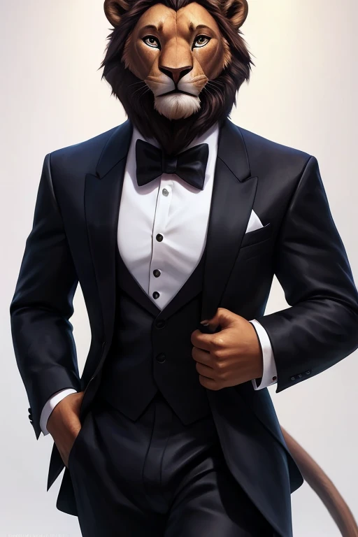 (by pixelsketcher:0.6), (by personalami :0.6), solo,male,  lion ,detailed background, (cinematic lighting:1.1), (perfect focus:1.1), 8k hd, photo, (detailed eyes:1.2),depth of field, bokeh, subsurface scattering, wide ,(suit, tuxedo, elegant suit),upper to...