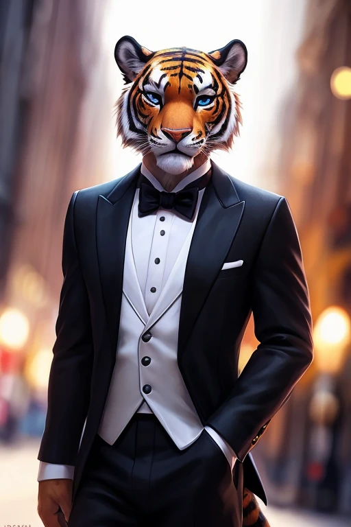 (by pixelsketcher:0.6), (by personalami :0.6), solo,male,  tiger ,detailed background, (cinematic lighting:1.1), (perfect focus:1.1), 8k hd, photo, (detailed eyes:1.2),depth of field, bokeh, subsurface scattering, wide ,(suit, tuxedo, elegant suit),upper t...