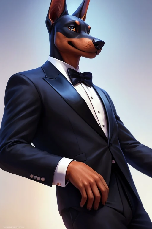 (by pixelsketcher:0.6), (by personalami :0.6), solo,male,  doberman ,detailed background, (cinematic lighting:1.1), (perfect focus:1.1), 8k hd, photo, (detailed eyes:1.2),depth of field, bokeh, subsurface scattering, wide ,(suit, tuxedo, elegant suit),uppe...