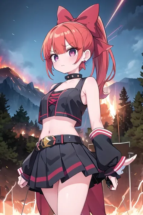 1chica, PPGZBS, standing, black eyes with red gradient, by the wide, ponytail, red hair bow, blunt bangs, Earrings, Black Punk Spiked Choker, black vest with red details, black skirt with red, belt, escudo letra P en chaleco y belt, yoyo toy used as a weap...