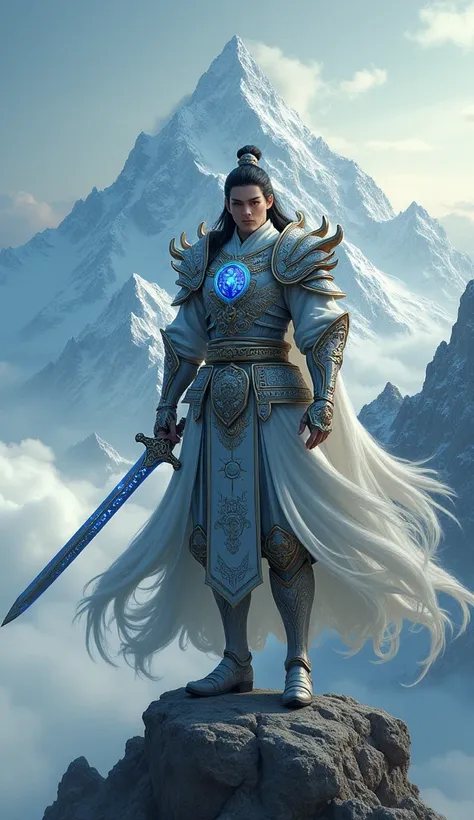 mountain peak，Handsome，Chinese style young man war god，Long hair with bangs，Jianshuo figure，Wearing black tiger gray armor（Exquisite and complex gray armor）,Light Rune Effect,Broadsword,Carved full of runes special effects,Hold the handle of the knife in y...