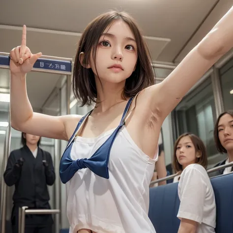 1girl,((((a young very cute japanese anorexic woman is Raising right hand and grasping strap in train:1.7)))),(((in shaking crowded train))),(((looking up at ceiling:1.8))),(((wearing sailor uniform,Collared short-sleeved shirt,blue necktie))),4K, 8K, (Mas...