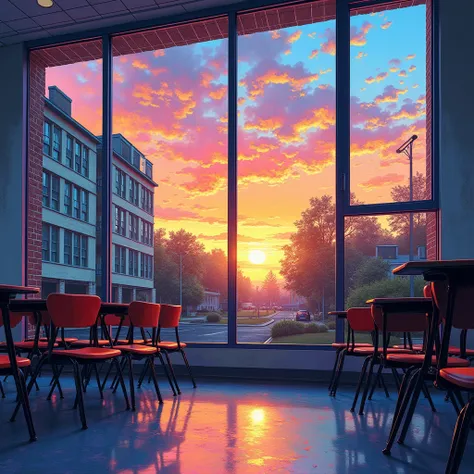 sputtering techniques, fusion of watercolor and acrylic paintings illustrations, classroom after school, schoolyard seen from the window, sunset, background seamless low bit mosaic, spiral random change iridescent color effects