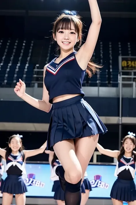 A Japanese cheerleader in a navy blue pleated skirt cheering with one leg raised high、White underskirt