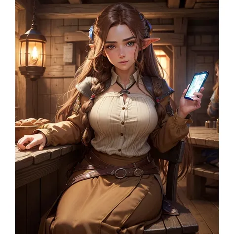 ((best quality))) (((HD))) (((8k))) (character) 20-year-old woman, ((adventurous)) elf, ((beautiful)) and ((happy)), ((brown hair)) and ((long hair)), voluptuous, Brown hair, fit body, large breasts, thick thighs, hourglass figure ((tan and brown shirt) an...