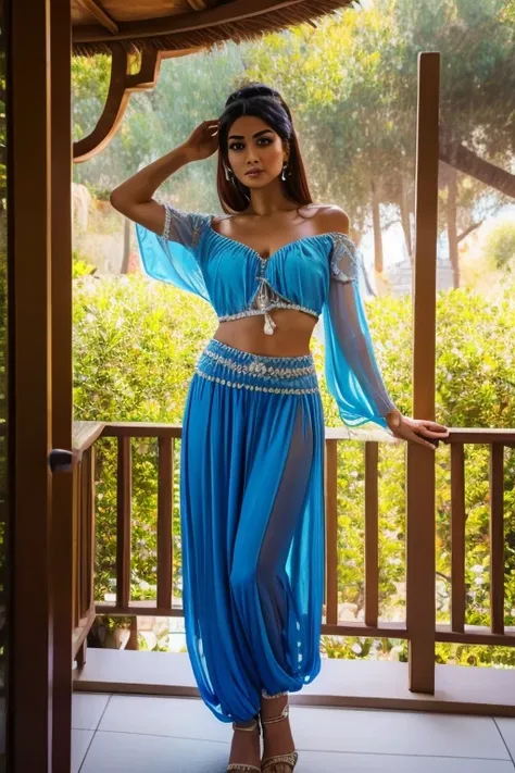 wearing a small, sheer, off-the-shoulder blue chiffon blouse and very sheer blue chiffon harem pants with gathered elastic at the ankles