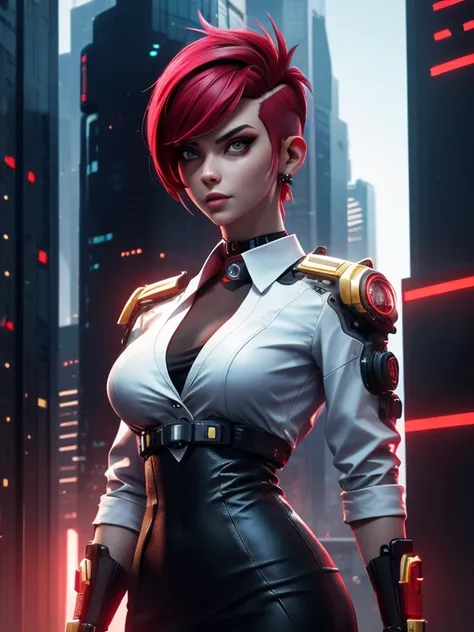 cyberpunk Corpo Woman ,in red shirt with white collar red skirt!, female with black short army trimmed hair, cybernetic face enhancement, Xtreme, breasts, medium breasts, open white shirt with gold collar, cyberpunk corpo siut, side trimmed mohawk ,in corp...