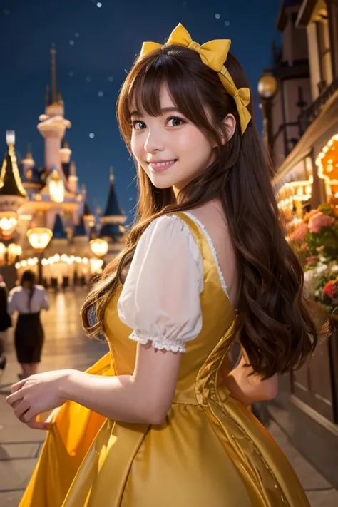 High resolution, Long Hair, bangs, Brown Hair、、Beauty and the Beast Belle Dress、smile, Halloween、Disneyland