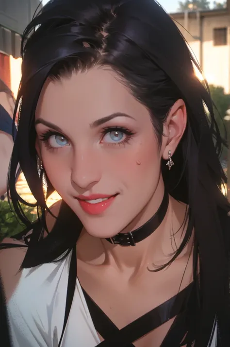 (close-up portrait of womans face:1.4),((ultra realistic illustration:1.2)),cute young girl, (black long hair), tomboy, cute, ((playful smile)), Red lipstick, black choker, white hairband,black evening strapless dress, medium breasts sexy, belt, black plat...