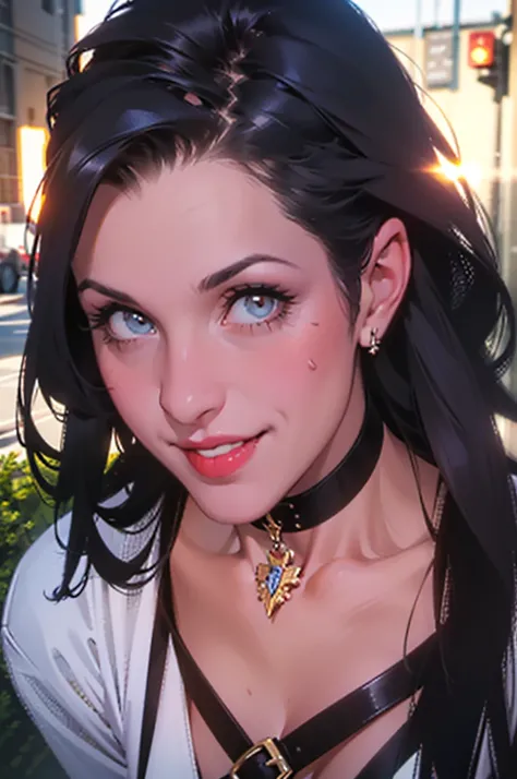 (close-up portrait of womans face:1.4),((ultra realistic illustration:1.2)),cute young girl, (black long hair), tomboy, cute, ((playful smile)), Red lipstick, black choker, white hairband,black evening strapless dress, medium breasts sexy, belt, black plat...